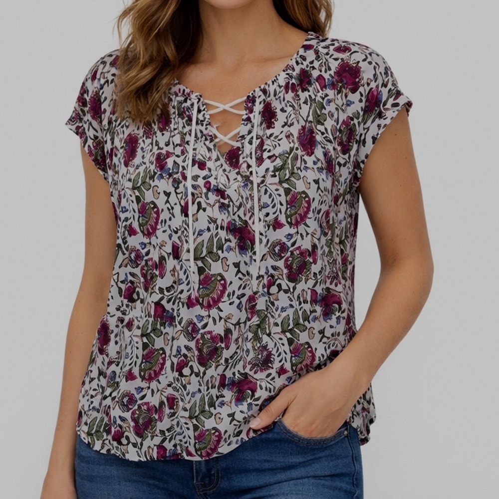 Chaps Floral Blouse Womens Small Lace Up Tie Neck Cap Sleeve Boho Viscose